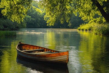 Serene wooden boat on tranquil river surrounded by lush trees