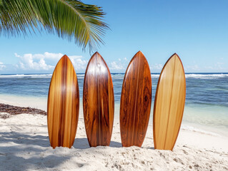 Surfboards lined up on a sunny beach with ocean waves