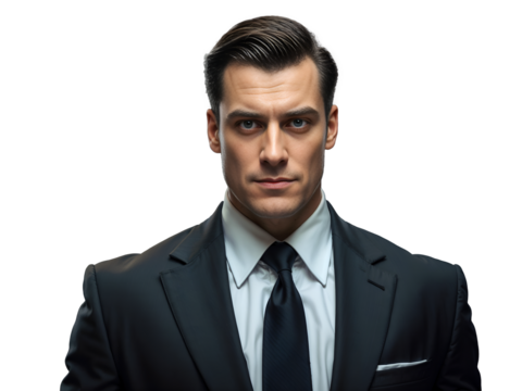 Serious businessman in suit with stern expression facing camera. Generative AI - Powered by Adobe