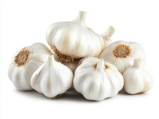 Garlic bulbs stacked together on a plain background