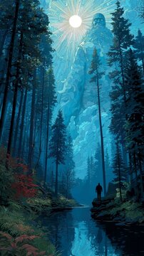 Radiant Manitou spirit of the Algonquin tribes above the forest canopy