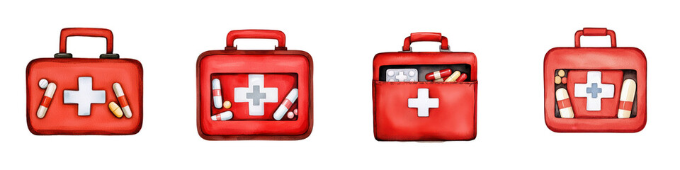 Fototapeta premium Colorful First Aid Kits with Red Cross Symbols and Medical Supplies