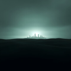 Fototapeta premium A distant view of a futuristic city with minimal details, glowing faintly in the night.