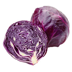Fototapeta premium Two cabbages whole, cut isolated on PNG transparent background, cut out