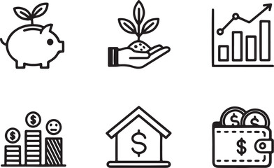Set of 6 outline icons related to earning. Linear icon collection of income, money, wallet, analytics and more. Editable stroke line art. Vector illustration.