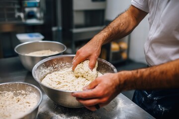 Fototapeta premium Hands Mixing Dough in a Commercial Kitchen with Stainless Steel Bowls