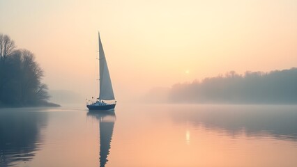 Sailing at sunrise: A solitary sailboat glides across a tranquil lake shrouded in morning fog.