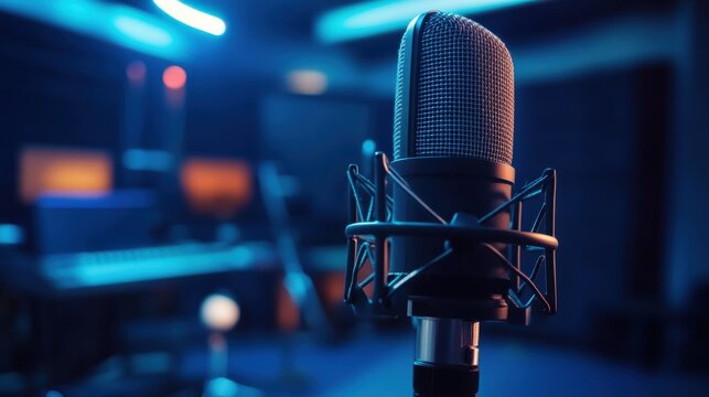 Close-up of a professional studio microphone on a stand in a sound booth during a recording session