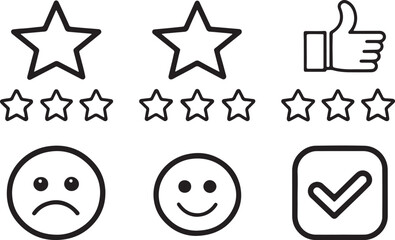 Set of 9 outline icons related to customer review elements like happy, sad, check mark and star. Linear icon collection. Editable stroke line art. Vector illustration