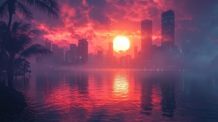 Fototapeta premium Sunset over a vibrant city skyline reflecting on a calm water surface