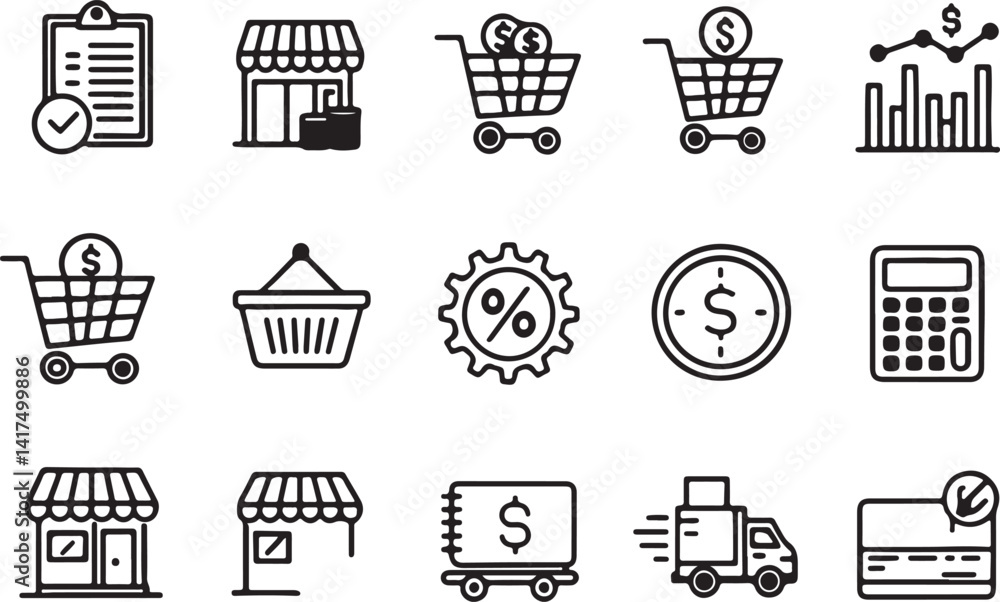 Poster set of 15 outline icons related to buy and sell. linear icon collection of shop and store elements, 