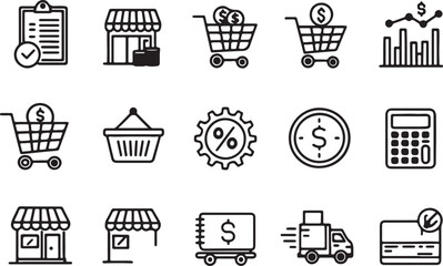 Set of 15 outline icons related to buy and sell. Linear icon collection of shop and store elements, delivery car, dollar, clock and more. Editable stroke line art. Vector illustration.