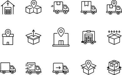 Set of 15 outline icons related to car distribution or location track elements. Linear icon collection. Editable stroke line art. Vector illustration.