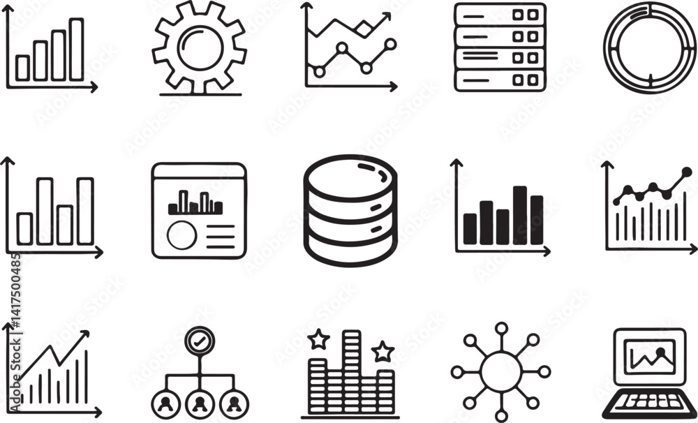 Poster set of 15 outline icons related to data analysis, marketing media, analytics, database and growing a