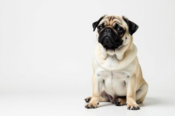 Adorable pug dog sits alone, white background, alone, content