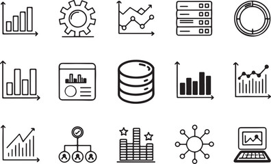 Set of 15 outline icons related to data analysis, marketing media, analytics, database and growing and more elements. Linear icon collection. Editable stroke line art. Vector illustration.