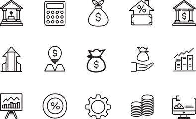 Set of 15 outline icons related to investment elements. Linear icon collection. Editable stroke line art. Vector illustration.