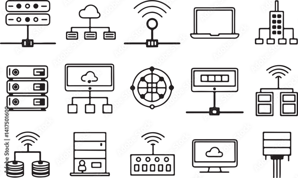 Poster set of 15 outline icons related to networking. linear icon collection. editable stroke line art. vec