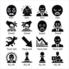 Minimalist icon set illustrating stock market emotions and actions such as fear, greed, panic sell, and all-in decisions. Ideal for financial presentations, trading apps, or investment infographics.