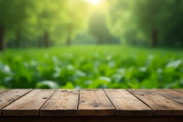 Empty wooden table with blurred rows of tea plants background. For backdrop and product presentation. Mockup template for artwork graphic design. Nature background