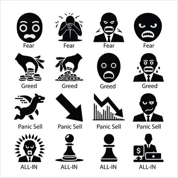 Minimalist icon set illustrating stock market emotions and actions such as fear, greed, panic sell, and all-in decisions. Ideal for financial presentations, trading apps, or investment infographics.