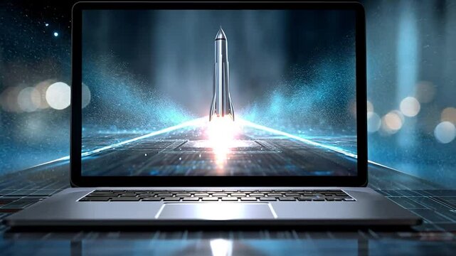 Rocket launching from laptop screen; Futuristic launchpad, city backdrop