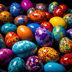 Fototapeta premium Colorful Easter eggs arranged in a festive basket with traditional spring decorations