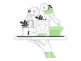 Holiday shopping people doing e-commerce online shopping flat vector concept operation hand drawn illustration
