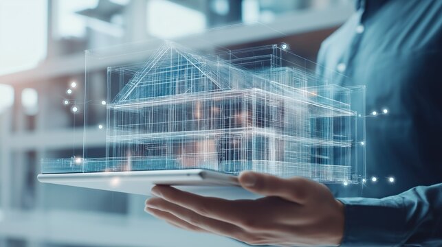 Hands hold tablet displaying glowing holographic wireframe of house illustrating smart home technology, architectural design and modern real estate concepts