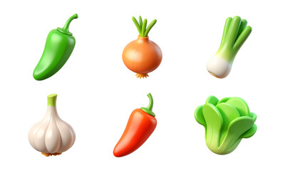 Lettuce, Red Jalapeno, Garlic, Leek, Onion, Green Jalapeno &ndash; 3D Vegetable Icon Set in Glossy Minimal Emoji Style, Isolated PNG
