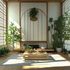 Minimalist living room design with a partition, a fireplace, a round fireplace, green flowerpots, panoramic windows, a table with decor. Japanese style of the apartment. 3d illustration