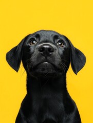 A close-up of a black dog against a yellow background.