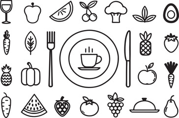 Set of 25 outline icons related to dining market elements. Linear icon collection. Editable stroke line art. Vector illustration.