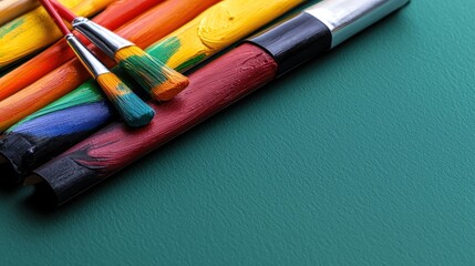 Fototapeta premium Colorful art supplies on teal surface