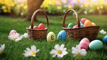 Basket of Easter eggs on a flower field and green grass with symbol text.