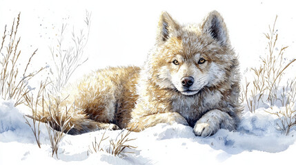 Fototapeta premium watercolor painting of wolf resting in snowy field