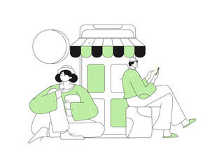 Holiday shopping people doing e-commerce online shopping flat vector concept operation hand drawn illustration
