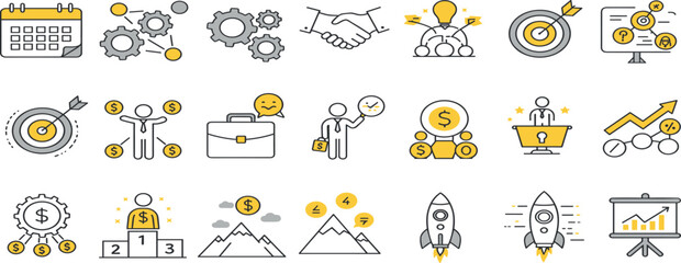 Hand drawn doodle business, money icon set. Finance, money, marketing sketch drawn cute trendy line doodle icon. Business bank, finance calculator, economic goal elements.