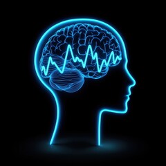 Obraz premium Neon Brain Waves Illustration with Human Silhouette Profile