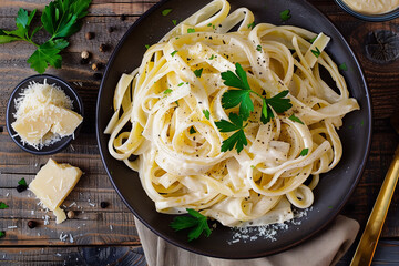 Fettuccine Alfredo – Creamy Italian Pasta with Parmesan and Butter. fettuccine pasta coated in a rich, creamy sauce