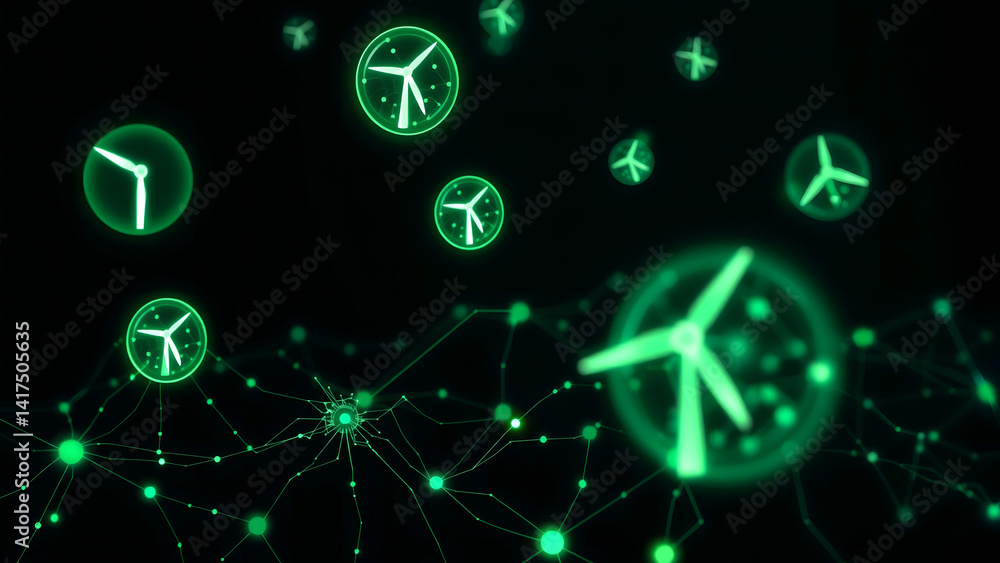 Poster floating wind turbine icons integrated with glowing neural networks in sage green and cobalt, clean 