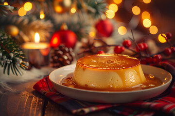 Flan Dessert – Creamy Caramel Custard with Glossy Top. flan dessert with a golden, glossy caramel layer on top, served on a plate and gently oozing with rich syrup