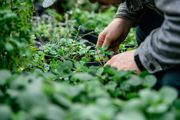 Obraz premium Gardener Inspecting Plants – Careful Observation in a Thriving Garden. gardener attentively inspecting plants in a lush garden, checking leaves, soil, and overall plant health