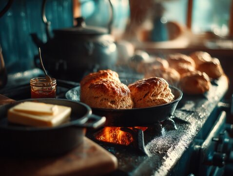 Steam rises from treacle scones in an iron pan, with melting butter and jam, creating a cozy kitchen vibe