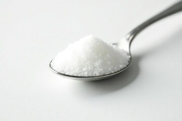 Spoonful of white sugar against white backdrop, background, shiny, pure