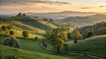 Obraz premium Serene golden hour landscape: rolling hills, lush green trees bathed in the soft glow of low light.