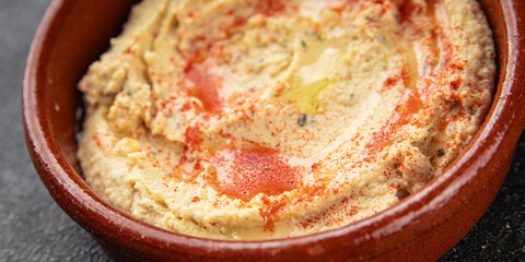 Hummus chickpea dip spices tasty appetizer vegetable dish fresh delicious gourmet vegetarian and...