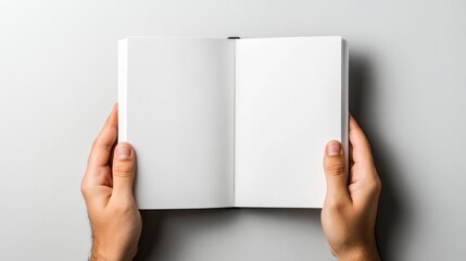 Blank Notebook Mockup: Hands Holding Open Book with White Pages, Minimalist Design,  Perfect for Design Presentation