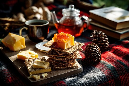 Enjoying savory oatcakes topped with marmalade and cheese next to a charming teapot under softly filtered light