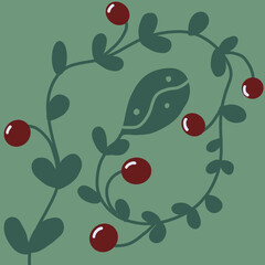 Green Branch with Round Flowers or Fruits Hand Drawn Vector Illustraation